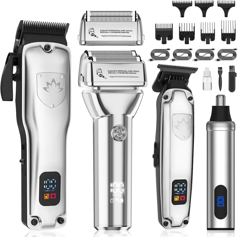 Suttik ▫️ Conjunto de aparadores de cabelo para homem 4 em 1, aparador de barba, nariz e orelhas, máquina de barbear eléctrica profissional, kit de barbeiro recarregável, presente para ele