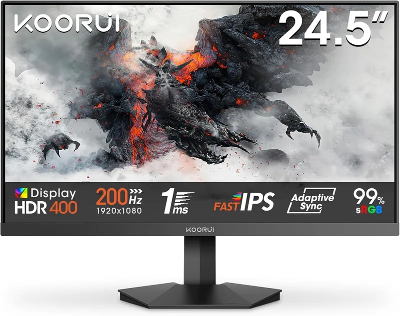 KOORUI ▫️ Monitor de jogos G2511P de 24,5 polegadas, 200 Hz, FHD 1080p, IPS, GTG 1 ms, HDR400, 90% DCI-P3, Eye Care, Adaptive Sync, 2xHDMI 2.0, DP 1.4, inclinação ajustável, VESA 75x75 mm