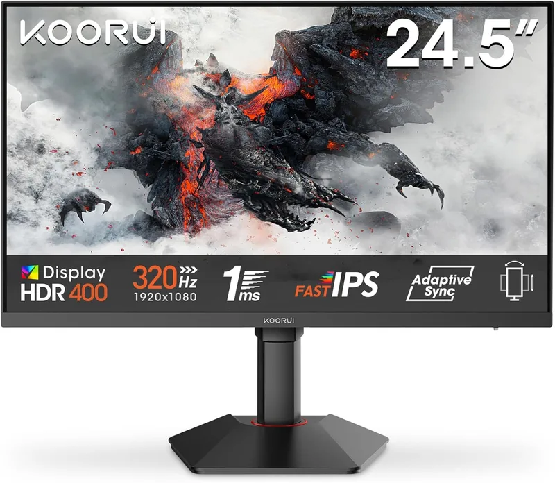 KOORUI ▫️ G2511E 320 Hz 24,5" Monitor de jogos Full HD Fast IPS, GTG 1 ms, 1920x1080, Adaptive Sync, HDR400, 95% DCI-P3, altura ajustável, rotativo, inclinável, 2xHDMI 2.0, DP 1.4, VESA
