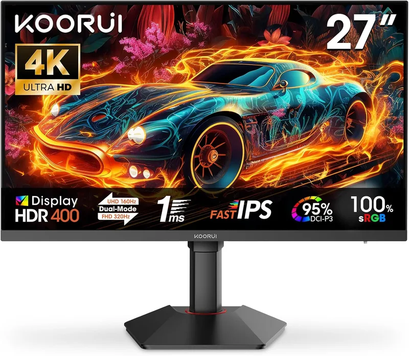 KOORUI ▫️ Monitor de jogos G2741L de 27", UHD 2160P 160 Hz / FHD 1080P 320 Hz (Fast IPS, 1 ms, Adaptive Sync, giratório, inclinável, altura ajustável, Eye Care, HDR400, 10 bits, 2xHDMI 2.1, DP 1.4)