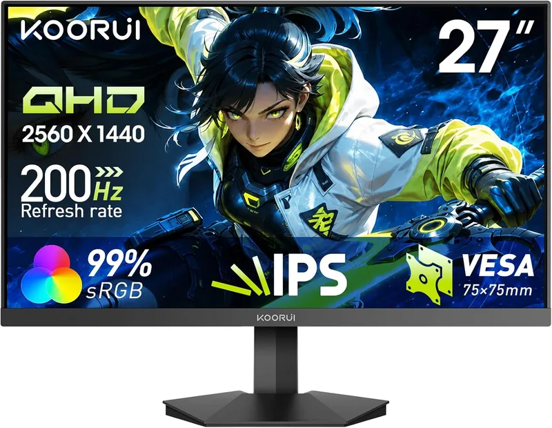 KOORUI ▫️ Monitor de jogos de 27 polegadas, FHD, 200 Hz, HDR400, IPS, modelo G2711P | Ecrã de 27" com resolução 1080p, 1 ms GtG, Adaptive Sync, 99% sRGB, Mirador Retícula FPS, 2x HDMI 2.0, 1x DP 1.4, VESA, Inclinação