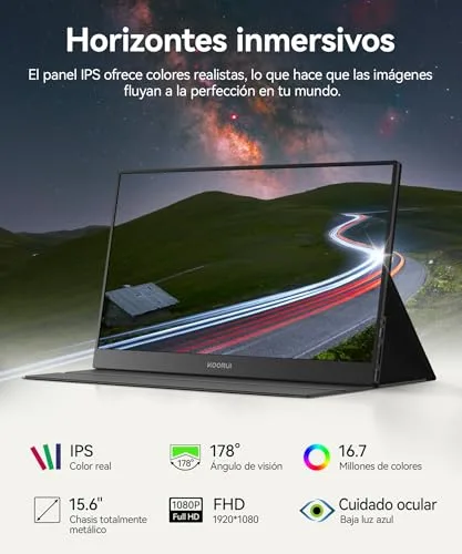 KOORUI ▫️ Monitor portátil de 15,6" FHD com HDMI/Type-C/USB-C e altifalantes integrados 3