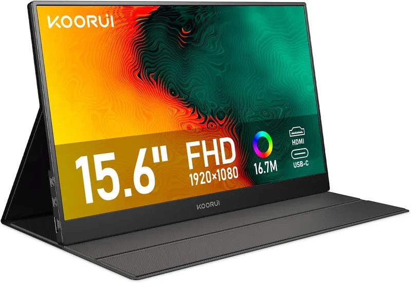 KOORUI ▫️ Monitor portátil de 15,6" FHD com HDMI/Type-C/USB-C e altifalantes integrados