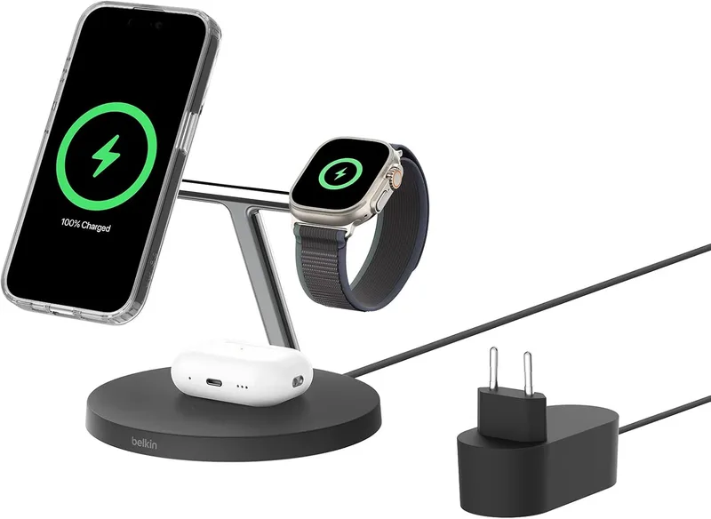 Belkin ▫️ Carregador BoostCharge Qi2 3 em 1, Estação de Carregamento Sem Fios com MagSafe, Base de Carregamento Qi2 para iPhone 17, Air, Pixelsnap, Apple Watch, AirPods, Fonte de alimentação - Preto