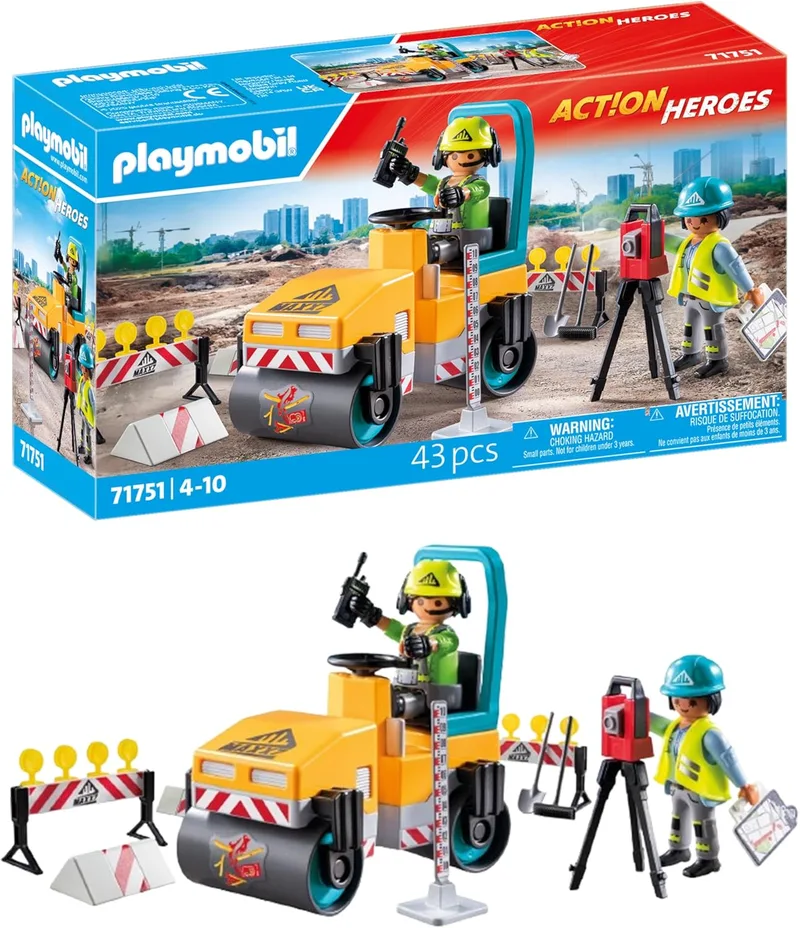 PLAYMOBIL ▫️ Heróis de ação : Estradas de construção : Brinquedos de construção para crianças : Conjunto de construção para crianças a partir dos 4 anos : 71751