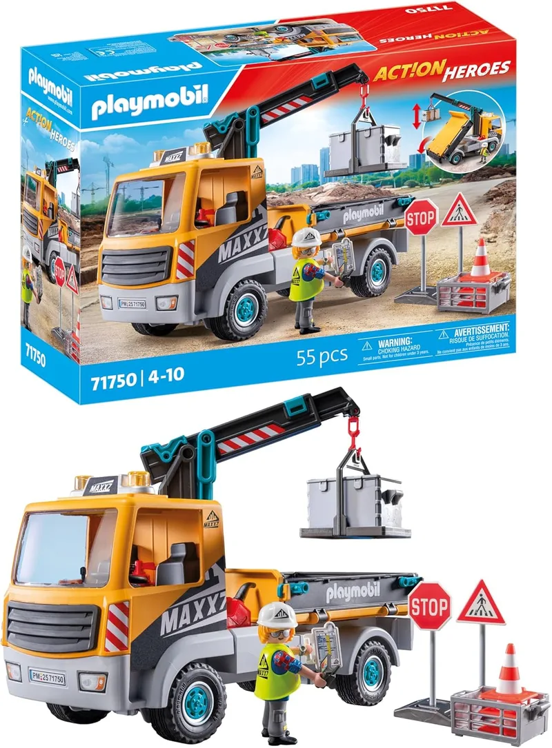 PLAYMOBIL ▫️ Action Heroes : Camião de estaleiro com grua : Brinquedos de construção para crianças : Conjunto de construção para crianças a partir dos 4 anos : 71750