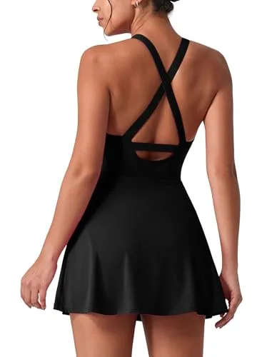 IDOPIP ▫️ Vestido de ténis para mulher, vestido de golfe com sutiã integrado e calções, bolso cruzado, corte nas costas, vestido desportivo, vestido de treino para meninas, vestido de 2