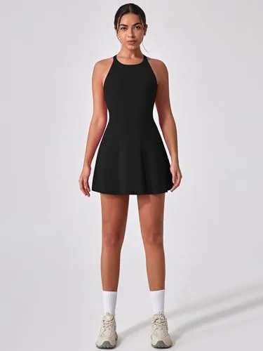 IDOPIP ▫️ Vestido de ténis para mulher, vestido de golfe com sutiã integrado e calções, bolso cruzado, corte nas costas, vestido desportivo, vestido de treino para meninas, vestido de 5