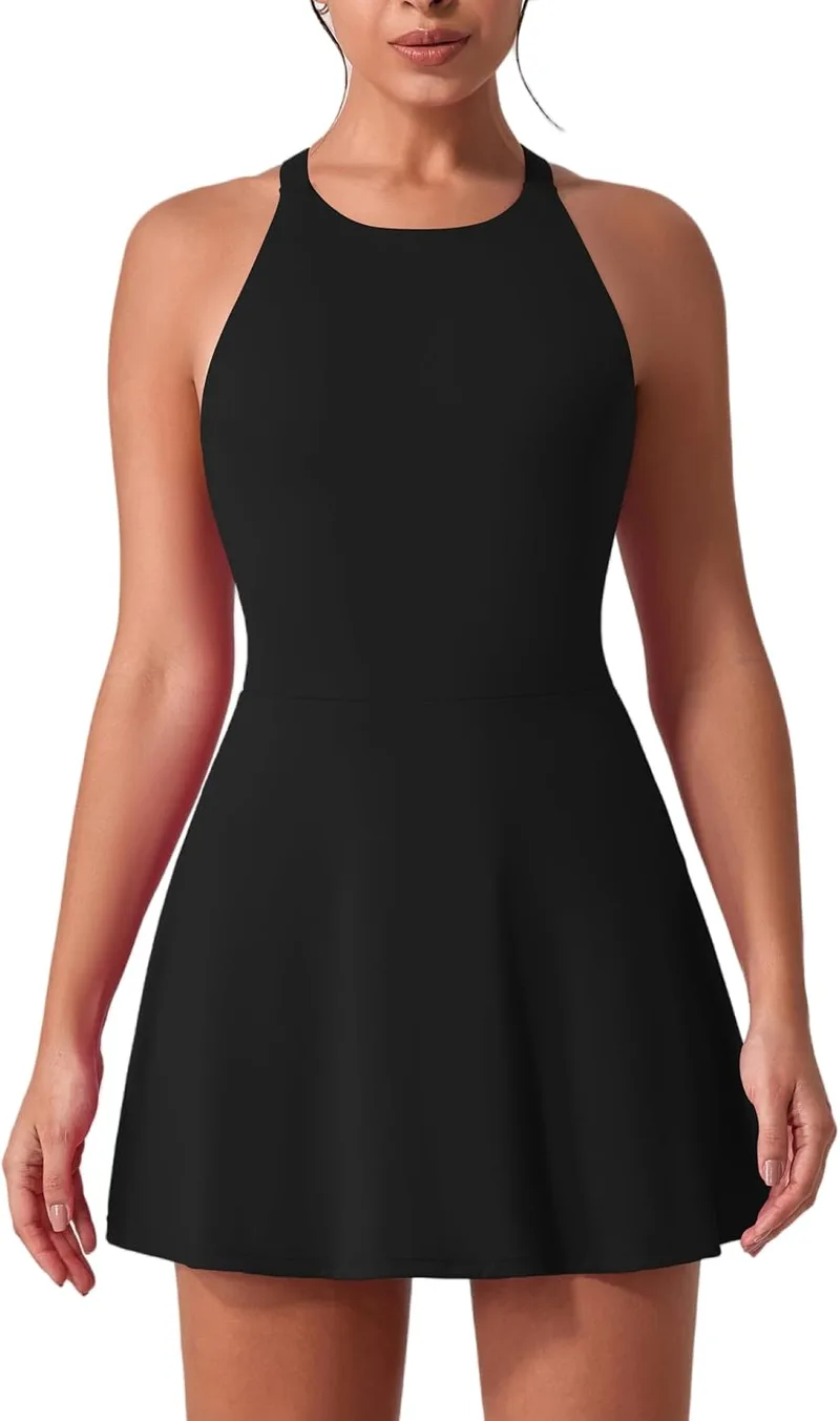 IDOPIP ▫️ Vestido de ténis para mulher, vestido de golfe com sutiã integrado e calções, bolso cruzado, corte nas costas, vestido desportivo, vestido de treino para meninas, vestido de