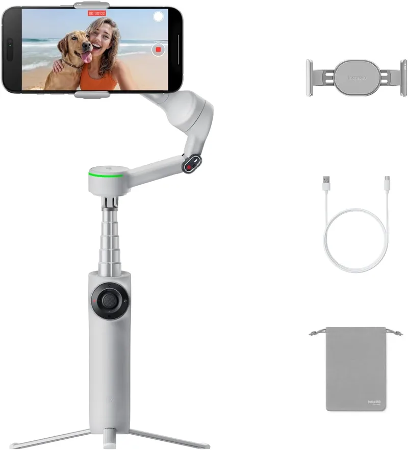 Insta360 ▫️ Flow 2 Pro Cinzento - Gimbal de telemóvel AI com Apple DockKit, rastreio panorâmico de 360°, inclinação livre, tripé/selfie stick incorporado e estabilizador portátil para vlogging/viagens.