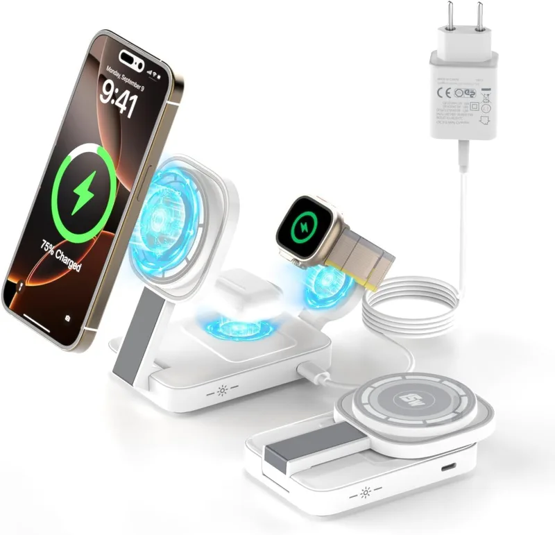 Aimtel ▫️ Carregador sem fios para mag Safe, estação de carregamento dobrável 3 em 1 compatível com iPhone 16/16 Pro Max/15/14/13/12/11, Apple Watch 10/Ultra 2/9/8/7/6/SE, Air Pods Pro/4/3/2 (branco)