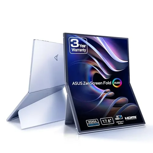ASUS ▫️ ZenScreen Fold OLED MQ17QH Monitor portátil OLED QHD, 2560x1920, 17,3 polegadas, tecnologia dobrável, DisplayHDR 500, 100% DCI-P3, USB Tipo C, Mini-HDMI, orifício para tripé, suporte, FSC 2