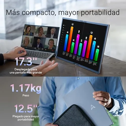 ASUS ▫️ ZenScreen Fold OLED MQ17QH Monitor portátil OLED QHD, 2560x1920, 17,3 polegadas, tecnologia dobrável, DisplayHDR 500, 100% DCI-P3, USB Tipo C, Mini-HDMI, orifício para tripé, suporte, FSC 5