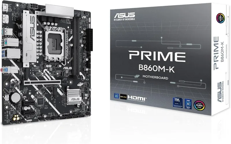 ASUS ▫️ Prime B860M-K, placa-mãe Intel mATX, 6+1+1+1 fases de alimentação DrMOS, DDR5, PCIe 4.0, 2 ranhuras M.2, Ethernet Realtek de 2,5 Gb, DisplayPort, HDMI, USB 10 Gbps, USB Tipo C 5 Gbps frontal