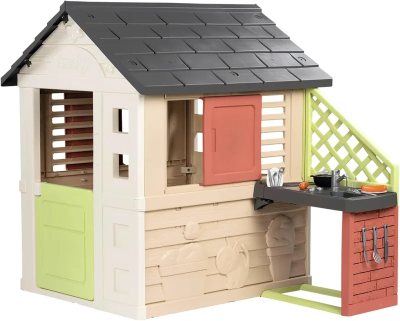Smoby ▫️ Life Casa Nature com Cozinha de Brincar - Casinha Infantil para Interior e Exterior - Material Reciclado Resistente aos Raios UV - A partir dos 2 anos - Cozinha e Acessórios Incluídos - (7600810739)