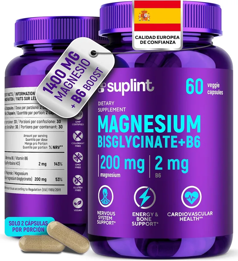 SUPLINT ▫️ Cápsulas de bisglicinato de magnésio 200 mg com vitamina B6 para uma absorção óptima - Dose elevada e testada em laboratório - Bisglicinato de magnésio - Vegan e sem aditivos - 60 cápsulas