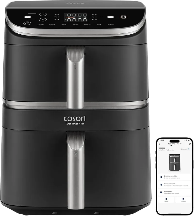 COSORI ▫️ Fritadeira de ar Turbo Tower Pro Smart 10,8 litros, fritadeira de ar com revestimento cerâmico sem PFAS, dupla resistência com Turbo Blaze, fritadeira de ar com cesto vertical duplo com 7 funções e WiFi