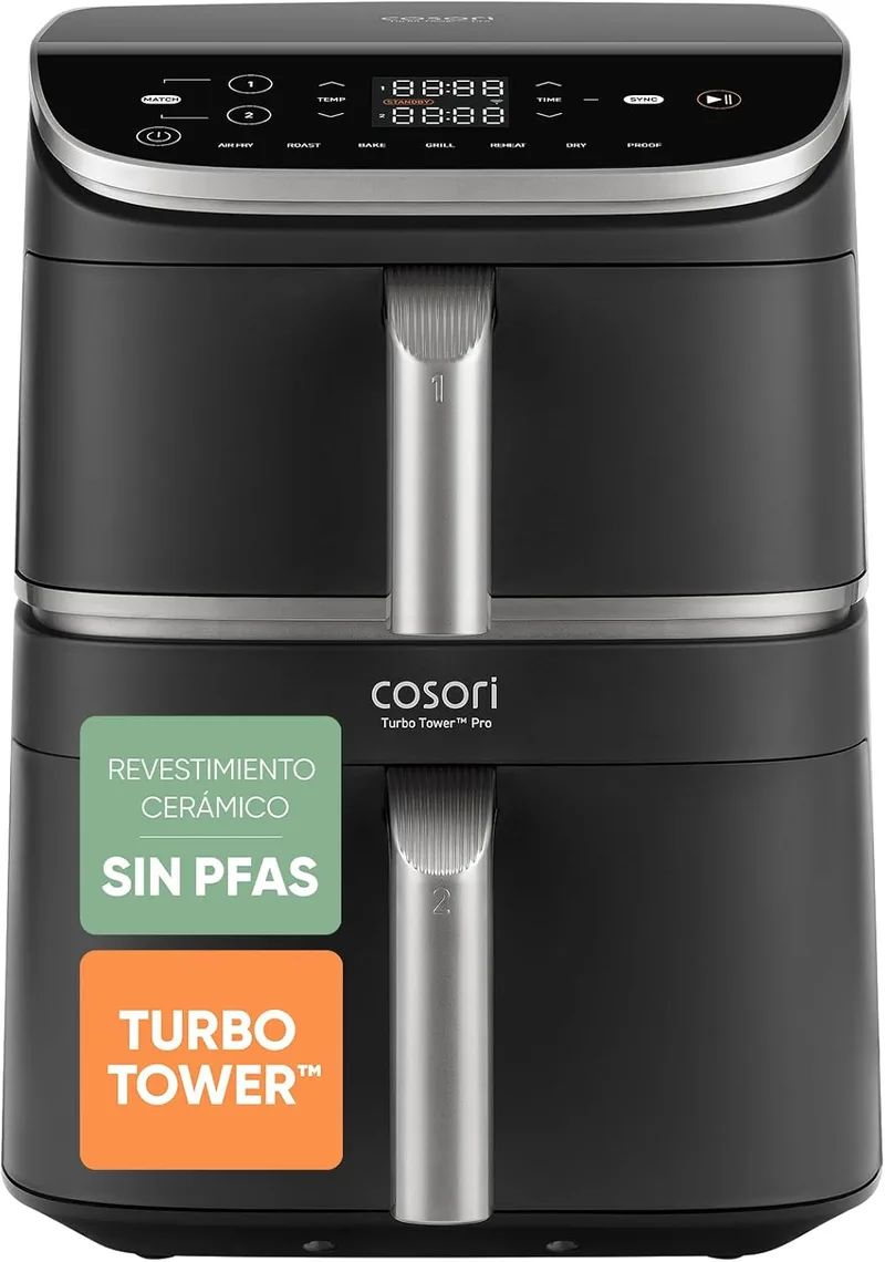 Cosori ▫️ Air Fryer Turbo Tower Pro 10,8 litros, fritadeira de ar quente com revestimento cerâmico sem PFAS, dupla resistência com Turbo Blaze, fritadeira de ar quente com cesto duplo vertical, multifunções 7 em 1, 2630 W