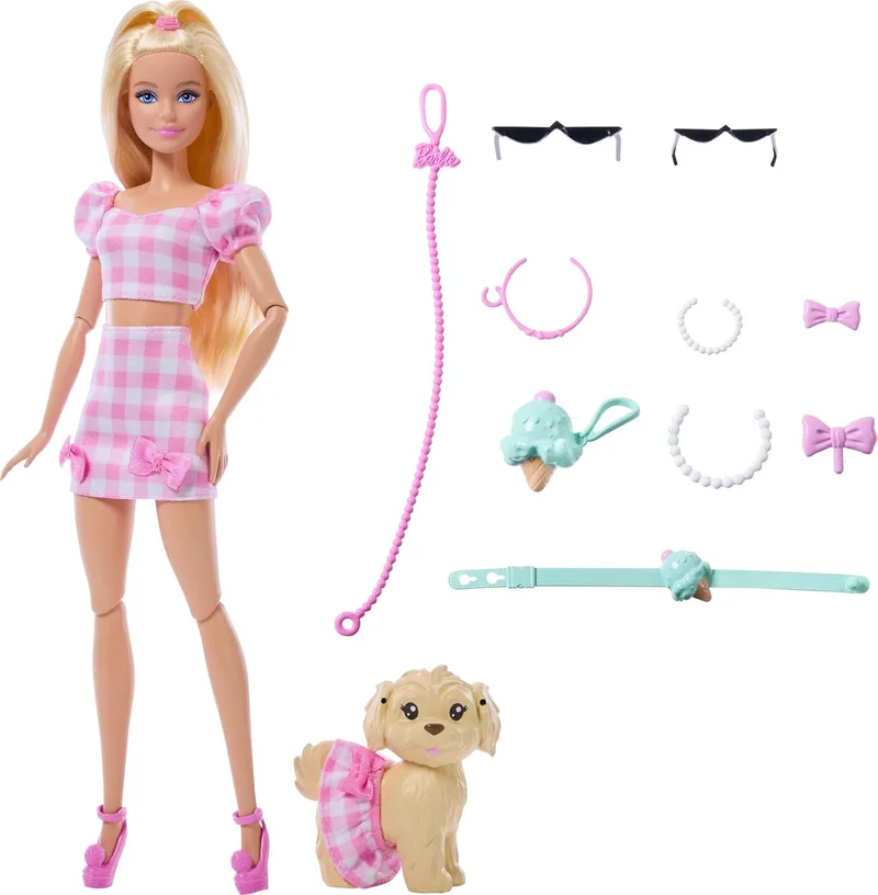 Barbie ▫️ Twinning Looks: Boneca com cachorrinho e roupa xadrez rosa a condizer