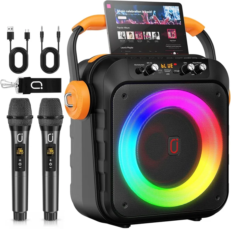 HWWR ▫️ Máquina de karaoke com 2 microfones, altifalante portátil sem fios para festas, caixa de música com luzes LED, sistema de karaoke Bluetooth, sistema PA