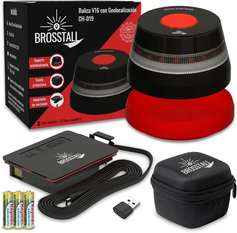 Brosstall ▫️ Baliza V16 homologada DGT com geolocalização, cartão SIM até 2038, sem subscrições, luz de emergência geolocalizada ligada à DGT 3.0 para automóvel, sem custos adicionais