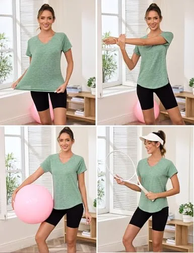 Gyabnw ▫️ Camisola Desportiva para Mulher, Manga Curta, Gola em V, Secagem Rápida 5