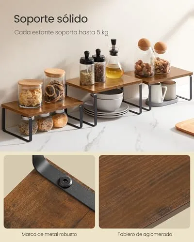 SONGMICS ▫️ Estante para especiarias, conjunto de 3, organizador de armário, empilháveis, prateleiras extensíveis para especiarias, metal e madeira de engenharia, castanho rústico e preto mate KCS220K02 4