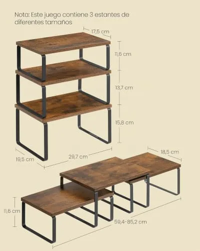 SONGMICS ▫️ Estante para especiarias, conjunto de 3, organizador de armário, empilháveis, prateleiras extensíveis para especiarias, metal e madeira de engenharia, castanho rústico e preto mate KCS220K02 6