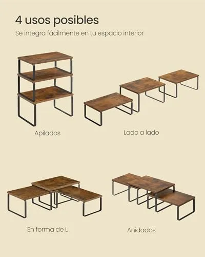 SONGMICS ▫️ Estante para especiarias, conjunto de 3, organizador de armário, empilháveis, prateleiras extensíveis para especiarias, metal e madeira de engenharia, castanho rústico e preto mate KCS220K02 7