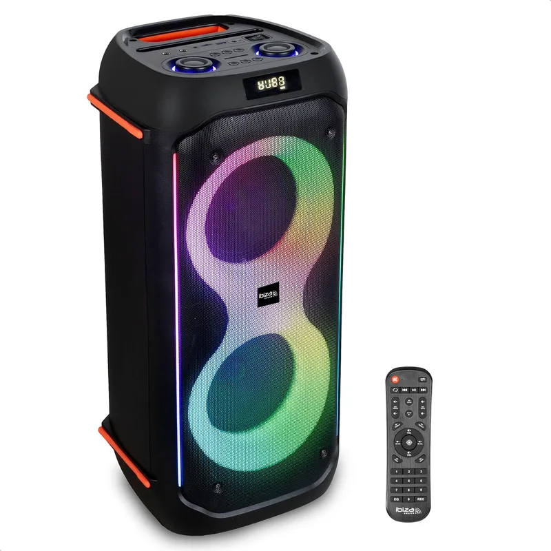 Ibiza ▫️ COLUMBA600 - Altifalante, potente caixa acústica com 2 altifalantes de 6,5"/16 cm alimentada por bateria recarregável - Bluetooth, Micro-SD, USB, Aux, 2 entradas para microfone - TWS - LED multicolorido infinito - Alça