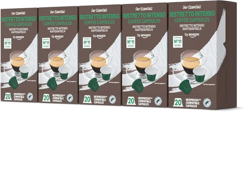 by Amazon ▫️ da Amazon Ristretto Intenso Cápsulas de Café Compatíveis com Nespresso, 100 Cápsulas (5 embalagens de 20) - Certificado pela Rainforest Alliance