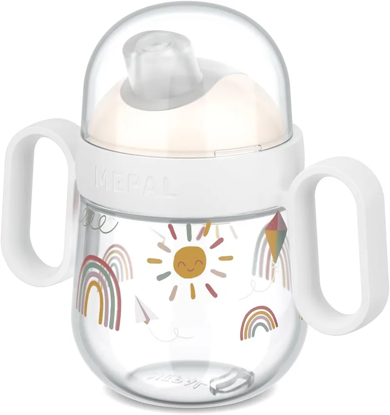 Mepal ▫️ Copo com bocal anti-derrame Mio - À prova de fugas - Tampa transparente - Fácil de segurar graças às alças - Bocal macio para beber - 200 ml - Sunshine & Rainbow