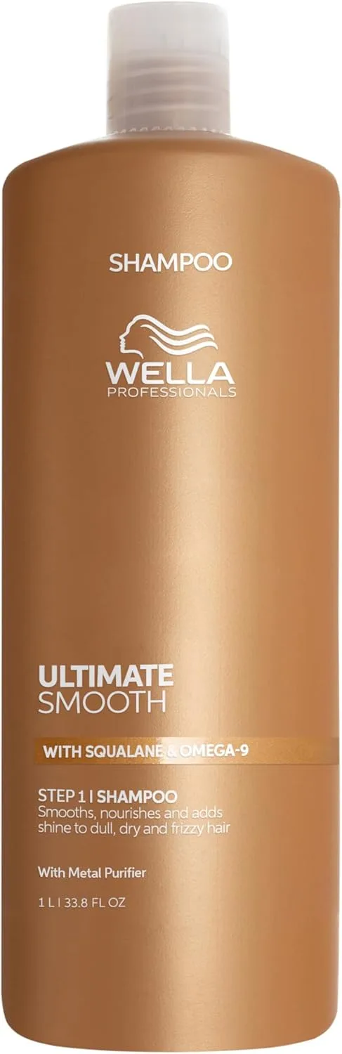 Wella Professionals ▫️ Ultimate Smooth - Champô Hidratante de Tratamento Capilar com Esqualano e Ómega 9 - Cabelos Secos, Encrespados e Encrespados (1L)