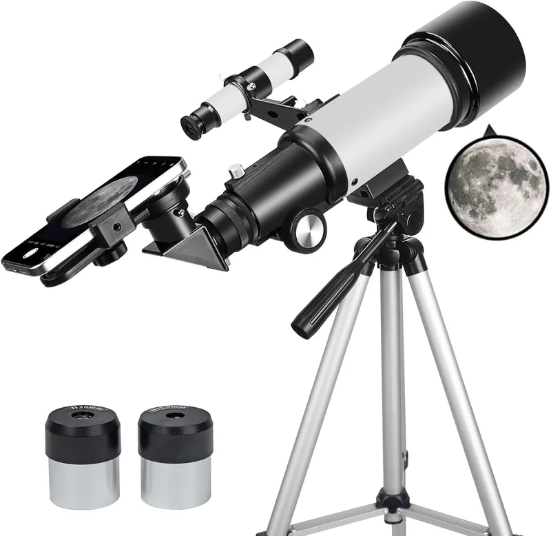 EACONN ▫️ Telescópio para adultos principiantes, abertura de 70 mm, 400 mm, suporte AZ completo, multicamadas, refractor, telescópio de viagem com tripé, adaptador para telemóvel (branco)
