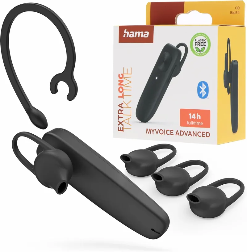 Hama ▫️ Auricular Bluetooth Mono Profissional (Mãos-livres, 14 horas de conversação, multiponto, clipe de fixação, ultraleve, controlo de volume) Preto