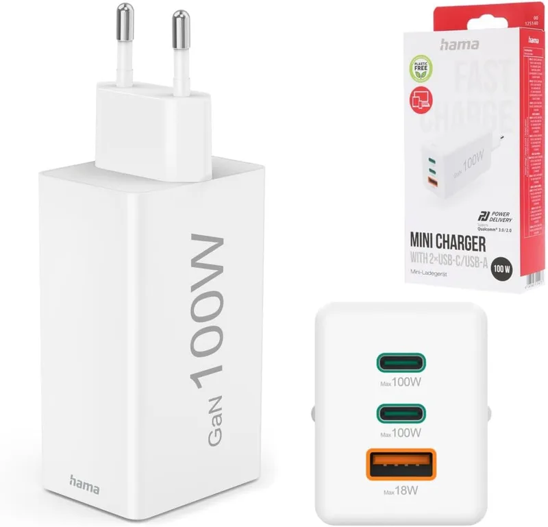 Hama ▫️ Carregador rápido de parede universal. (Tecnologia GAN 100 W, 2 portas USB-C com Power Delivery, 1 porta USB-A com Quick Charge, carregamento simultâneo de 3 dispositivos) Branco.