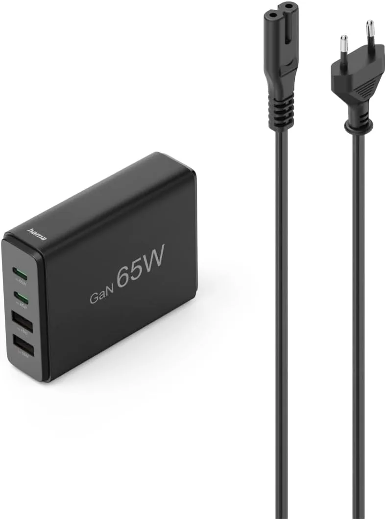 Hama ▫️ Estação de carregamento rápido GAN 65 W com 4 portas USB | Equipada com 2 portas USB-C e 2 portas USB-A, oferece carregamento rápido Power Delivery e Quick Charge, Preto