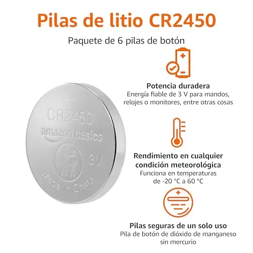 Amazon Basics ▫️ Embalagem de 6 pilhas de lítio CR2450, 3 volts, longa duração, sem mercúrio, embalagem à prova de crianças (necessita de uma tesoura para abrir, nos EUA) 2