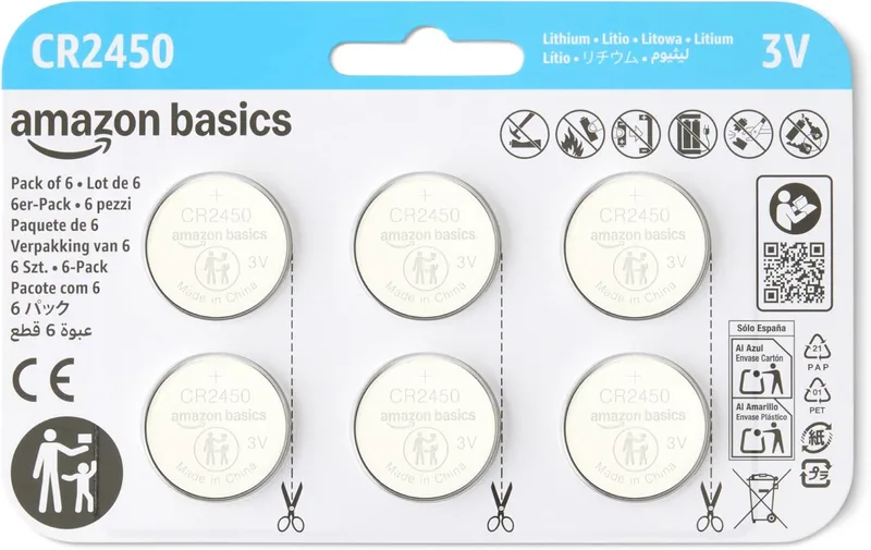 Amazon Basics ▫️ Embalagem de 6 pilhas de lítio CR2450, 3 volts, longa duração, sem mercúrio, embalagem à prova de crianças (necessita de uma tesoura para abrir, nos EUA)