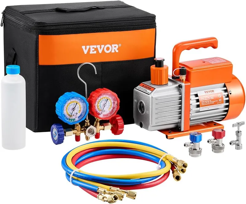 VEVOR ▫️ 3,5 CFM Bomba de vácuo e manómetro para ar condicionado. Bomba de vácuo de um estágio. Kit de manómetro com coletor de refrigerante para ar condicionado, incluindo mangueiras para R134a, R12, R22, R502a