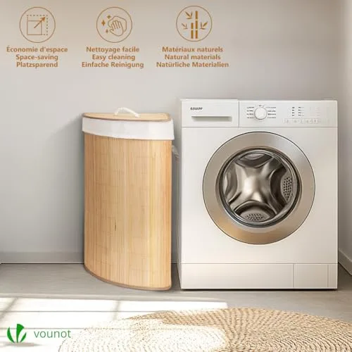 VOUNOT ▫️ ® Cesto dobrável para roupa suja, cesto de bambu com tampa e 2 sacos laváveis removíveis, em forma de leque, 58 L, para lavandaria, casa de banho, quarto 2