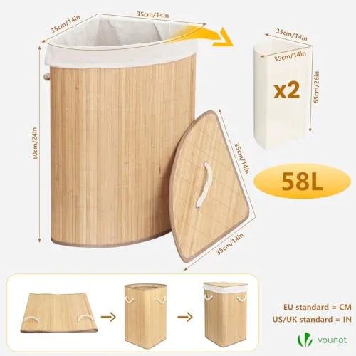VOUNOT ▫️ ® Cesto dobrável para roupa suja, cesto de bambu com tampa e 2 sacos laváveis removíveis, em forma de leque, 58 L, para lavandaria, casa de banho, quarto 3
