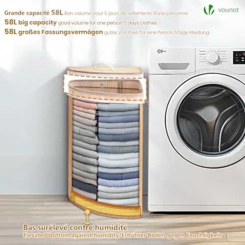 VOUNOT ▫️ ® Cesto dobrável para roupa suja, cesto de bambu com tampa e 2 sacos laváveis removíveis, em forma de leque, 58 L, para lavandaria, casa de banho, quarto 4