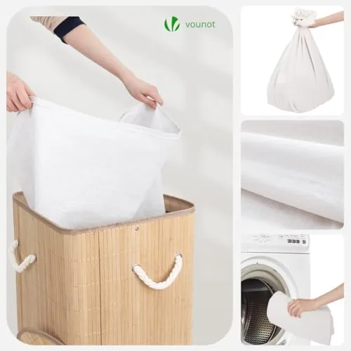 VOUNOT ▫️ ® Cesto dobrável para roupa suja, cesto de bambu com tampa e 2 sacos laváveis removíveis, em forma de leque, 58 L, para lavandaria, casa de banho, quarto 5