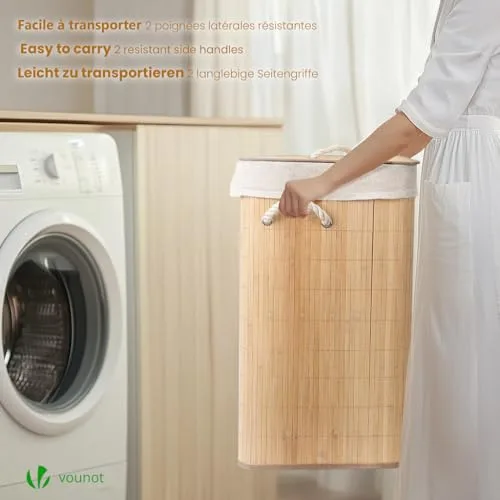 VOUNOT ▫️ ® Cesto dobrável para roupa suja, cesto de bambu com tampa e 2 sacos laváveis removíveis, em forma de leque, 58 L, para lavandaria, casa de banho, quarto 6