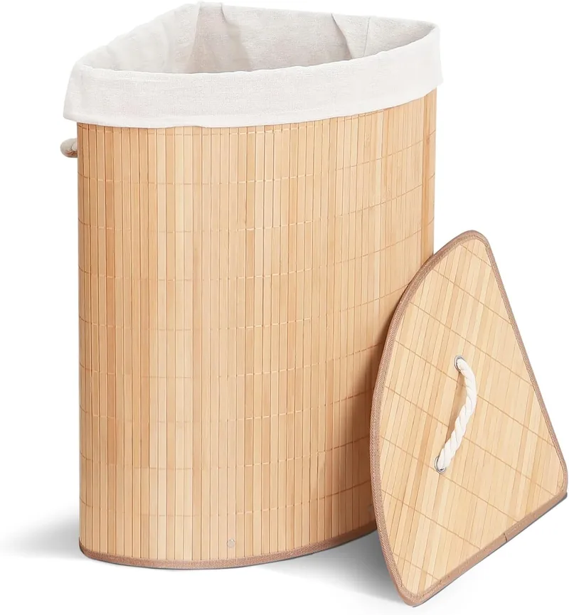 VOUNOT ▫️ ® Cesto dobrável para roupa suja, cesto de bambu com tampa e 2 sacos laváveis removíveis, em forma de leque, 58 L, para lavandaria, casa de banho, quarto