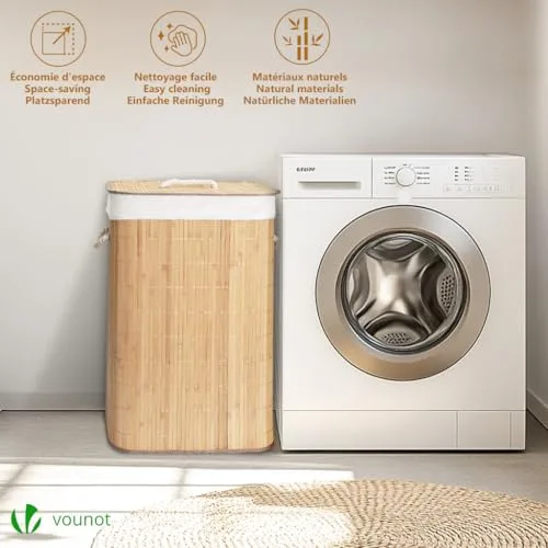 VOUNOT ▫️ ® Cesto dobrável para roupa suja, cesto de bambu com tampa e 2 sacos laváveis removíveis, retangular, 72 L, para lavandaria, casa de banho, quarto 2
