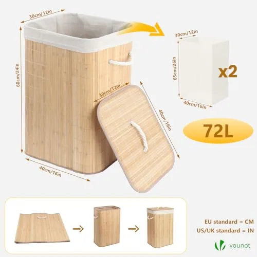 VOUNOT ▫️ ® Cesto dobrável para roupa suja, cesto de bambu com tampa e 2 sacos laváveis removíveis, retangular, 72 L, para lavandaria, casa de banho, quarto 3