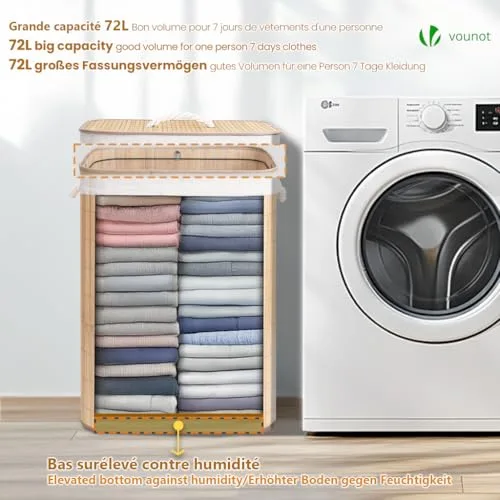 VOUNOT ▫️ ® Cesto dobrável para roupa suja, cesto de bambu com tampa e 2 sacos laváveis removíveis, retangular, 72 L, para lavandaria, casa de banho, quarto 4