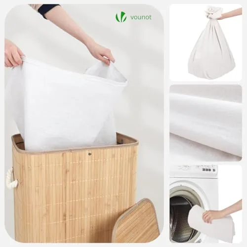 VOUNOT ▫️ ® Cesto dobrável para roupa suja, cesto de bambu com tampa e 2 sacos laváveis removíveis, retangular, 72 L, para lavandaria, casa de banho, quarto 5